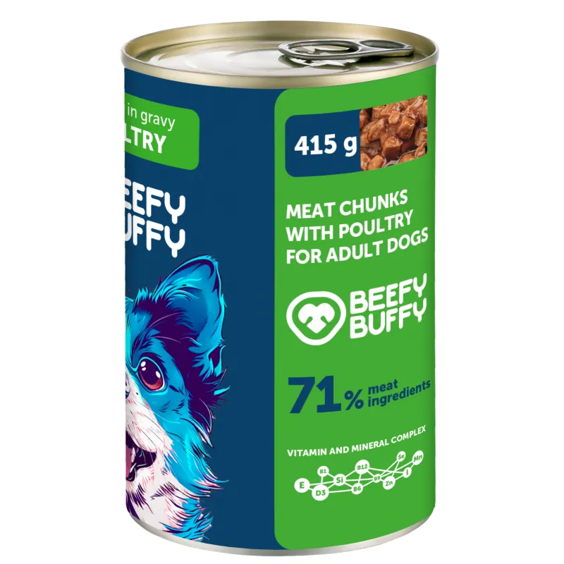 Beefy Buffy hydinové kúsky v šťave pre psy 415 g – konzerva