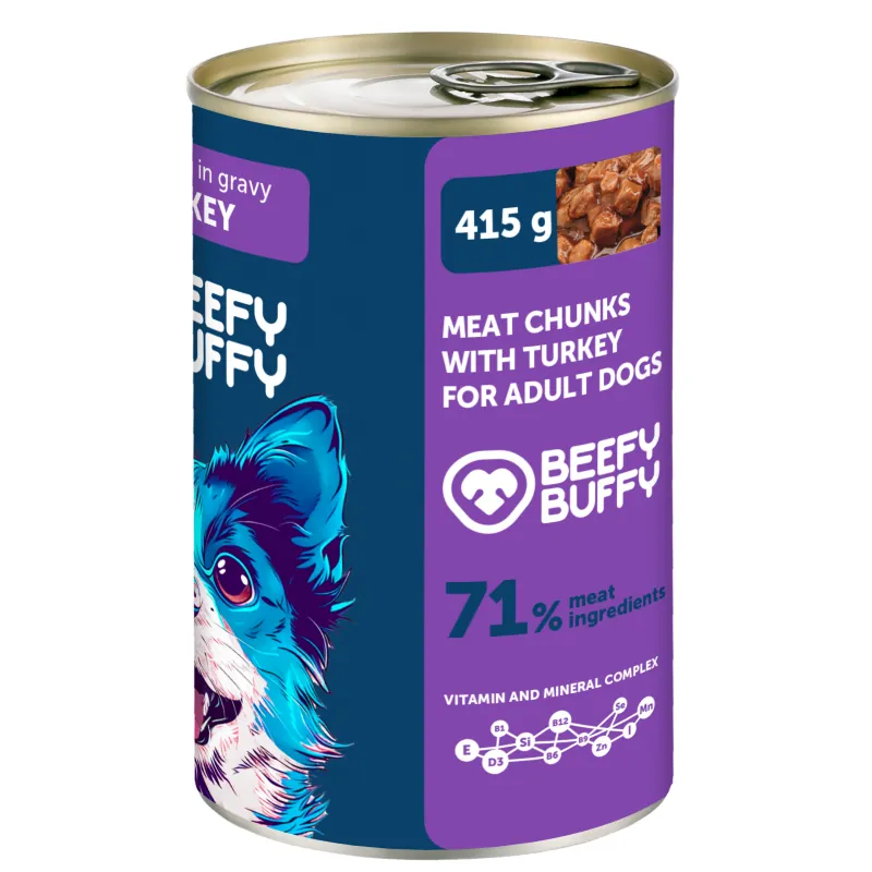 Beefy Buffy morčacie kúsky v omáčke pre psy 415 g – konzerva
