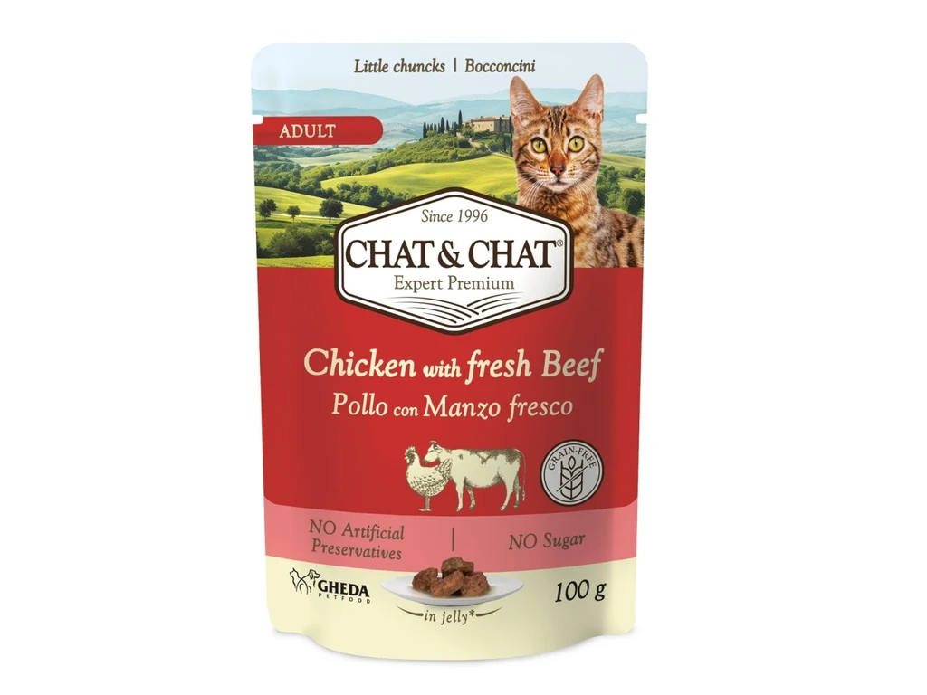 Chat & Chat Cat Adult kuracie s hovädzím 100 g – kapsička 100 g